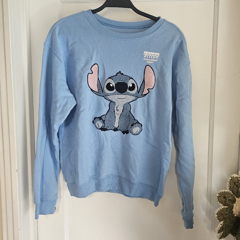 Disney Light Blue Stitch Crewneck Sweatshirt with Pink Ear Accents
